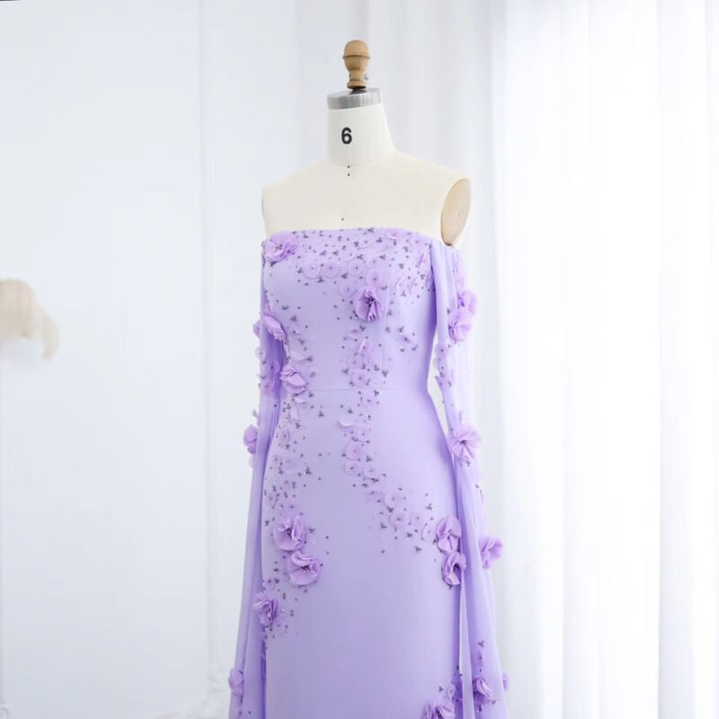 Elegant Off-Shoulder Lilac Evening Dress – 3D Flower Gown with Cape Sleeves