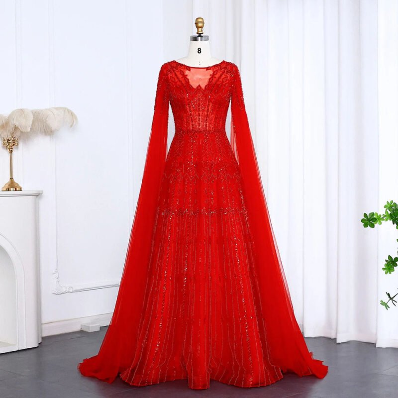 Luxury Dubai Beaded Brown Evening Dress with Cape Sleeves