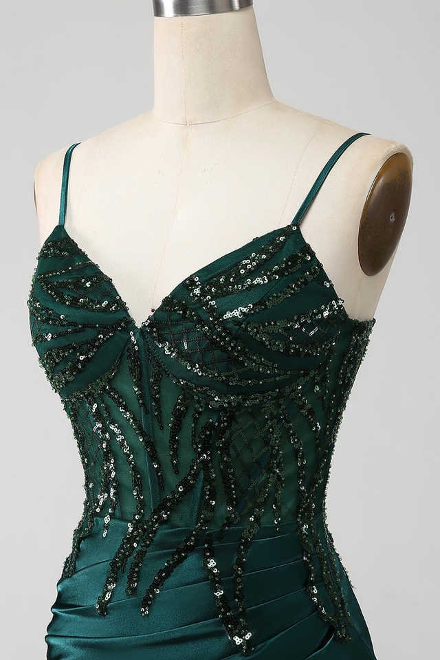 Sparkly Dark Green Sequin Mermaid Prom Dress – Corset Bodice with High Slit