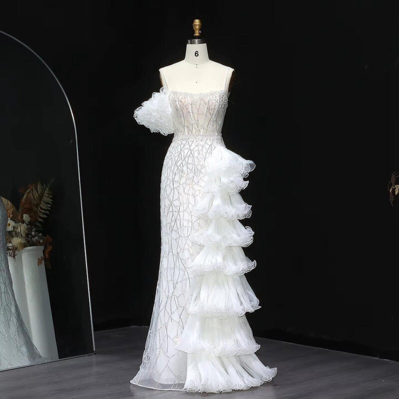 White Mermaid Evening Dress – Spaghetti Straps with Tiered Ruffles