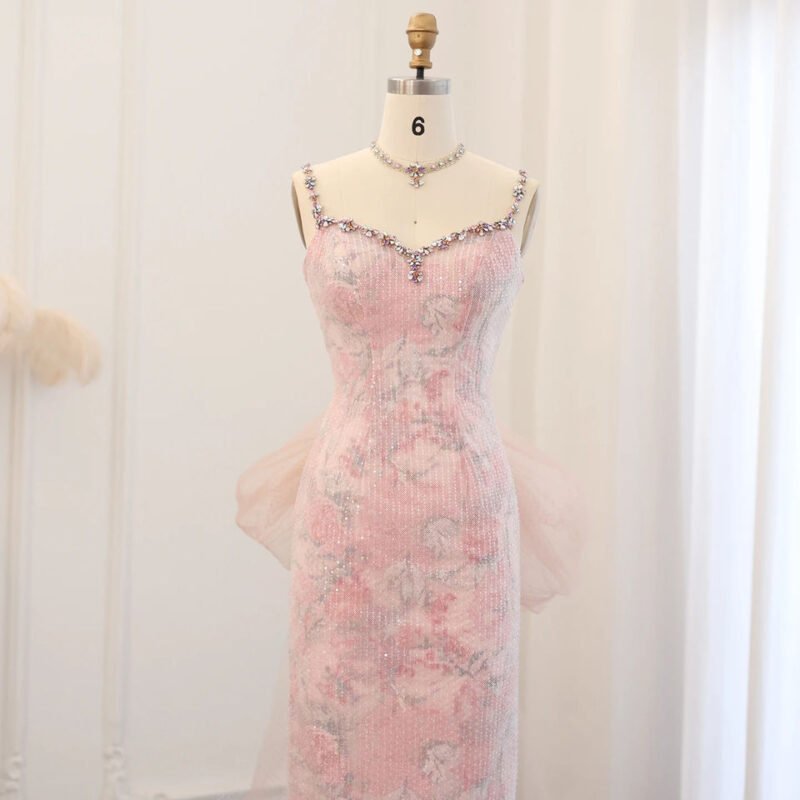Elegant Long Pink Lace Spaghetti Strap Bow Dress