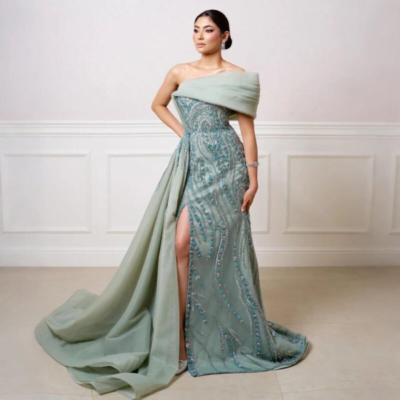 Turquoise Elegant Mermaid Evening Dress with Side Split – Party Gown