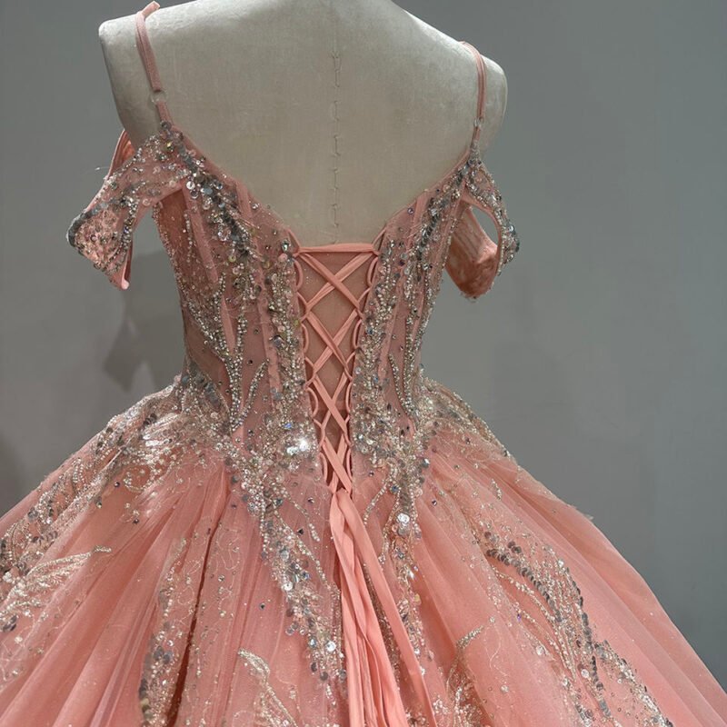 Orange Off-Shoulder Beaded Crystal Evening Dress – Sweet 16 & Prom Ball Gown