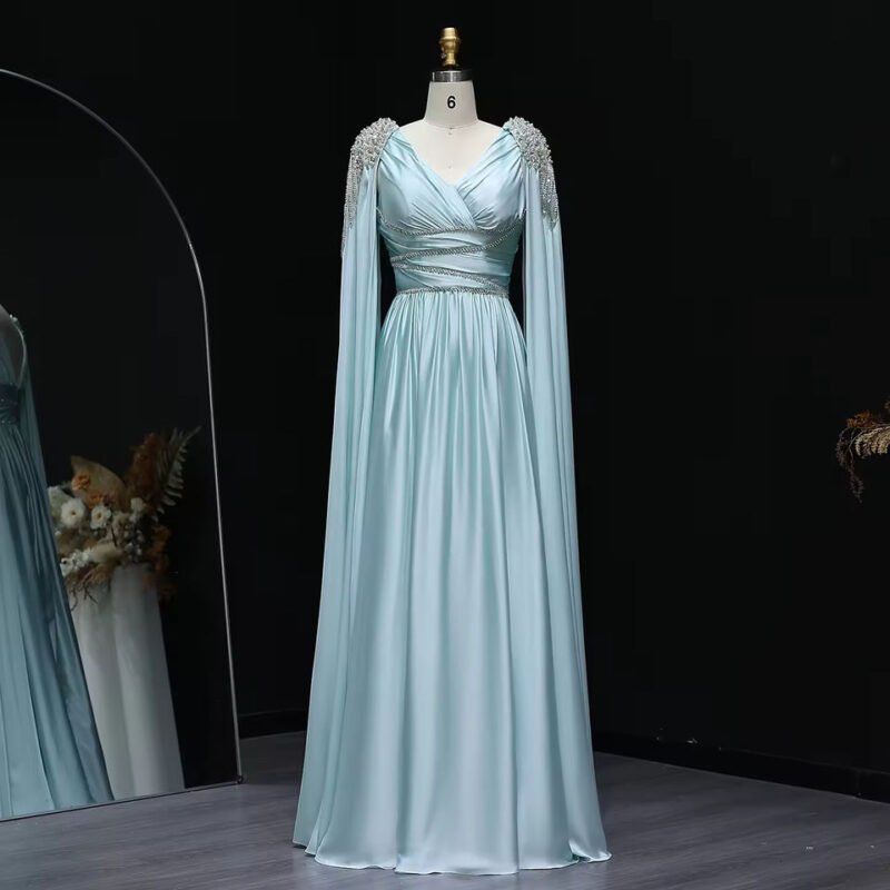Luxury Crystal Blue Evening Dress With Cape Sleeves