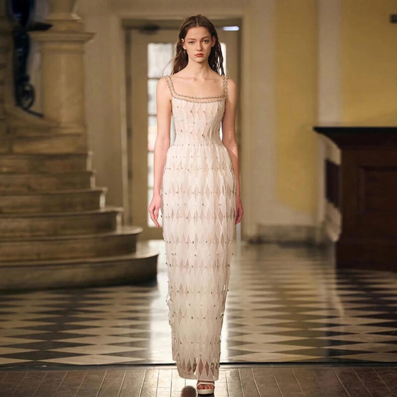 Elegant Midi Crystal White Evening Dress with Square Neckline