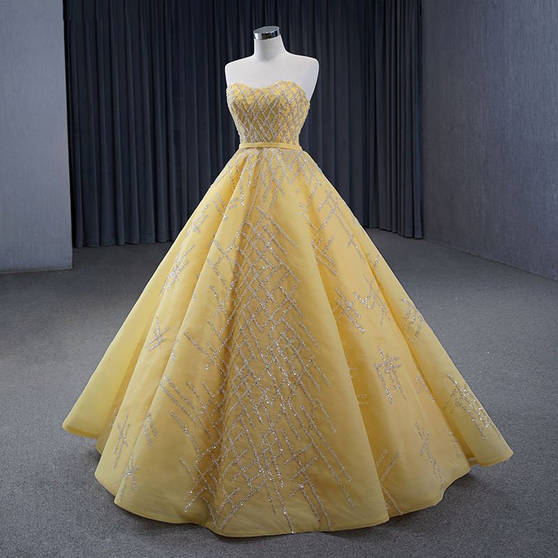 Yellow Luxury Sequined Off-Shoulder Ball Gown