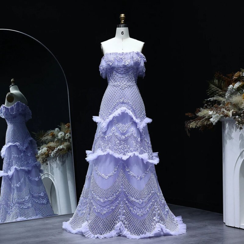 Luxury Off-the-Shoulder Sky Blue Evening Dress