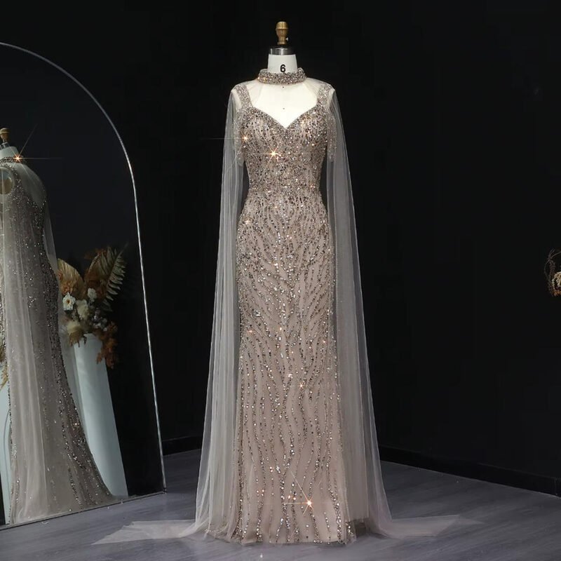 Pink Arabic Mermaid Evening Dress with Cape Sleeves