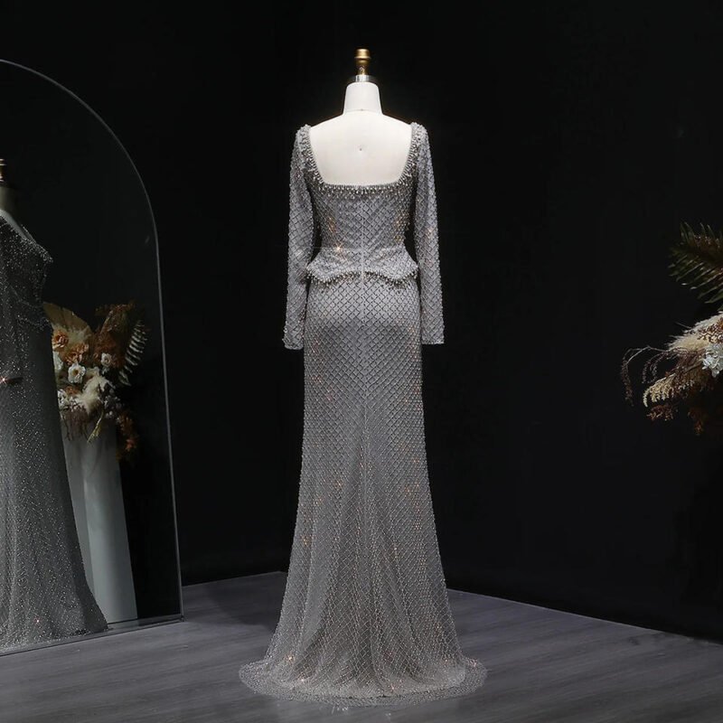 Luxury Grey Crystal Evening Dress With Long Sleeves