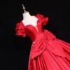 Glossy Red Satin Deep V-Neck Ball Gown