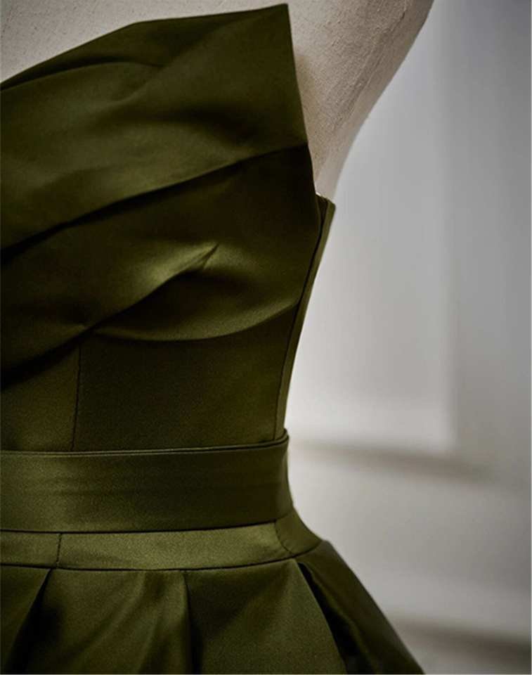 Vintage Green Satin Off-Shoulder Pleated Evening Gown