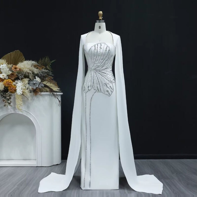 Elegant Luxury Beaded Evening Dress with Cape Sleeves