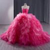 Rose Pink Sleeveless Ruffle Lace Ball Gown