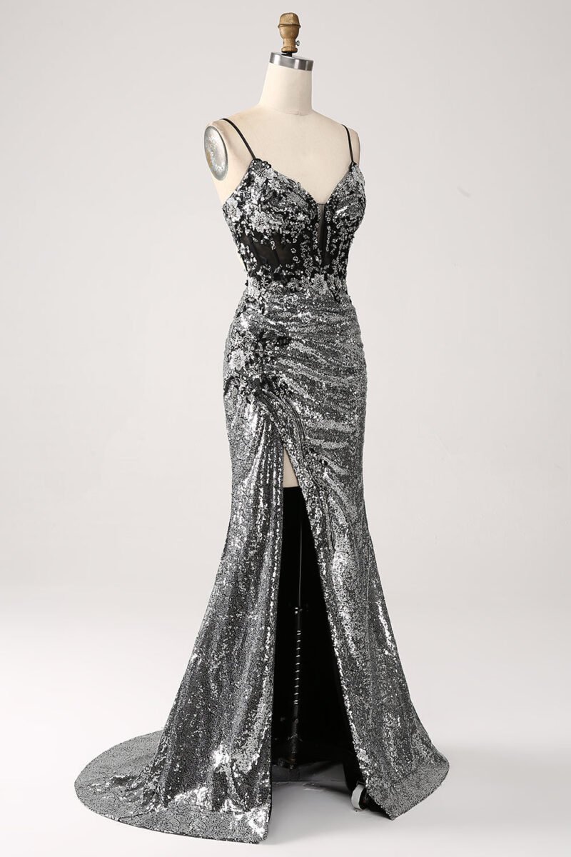 Silver Shiny Prom Dress – Deep V-Neck Spaghetti Strap Gown with High Slit