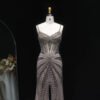 Luxury Beaded Champagne Evening Dress with Spaghetti Straps