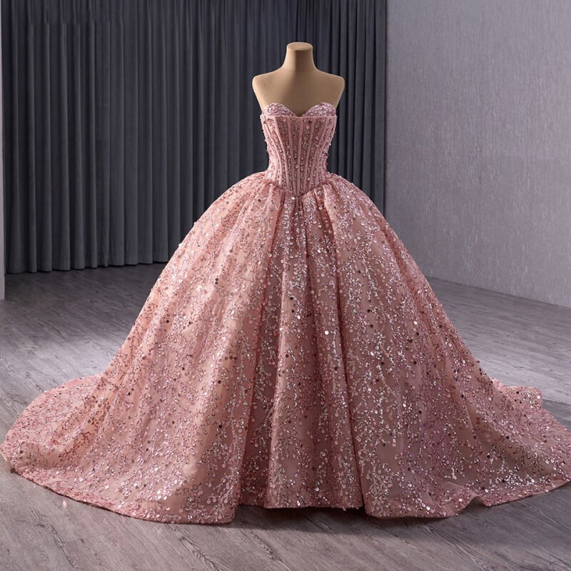 Pink Luxury Strapless Sequins & Beaded Ball Gown
