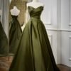 Vintage Green Satin Off-Shoulder Pleated Evening Gown