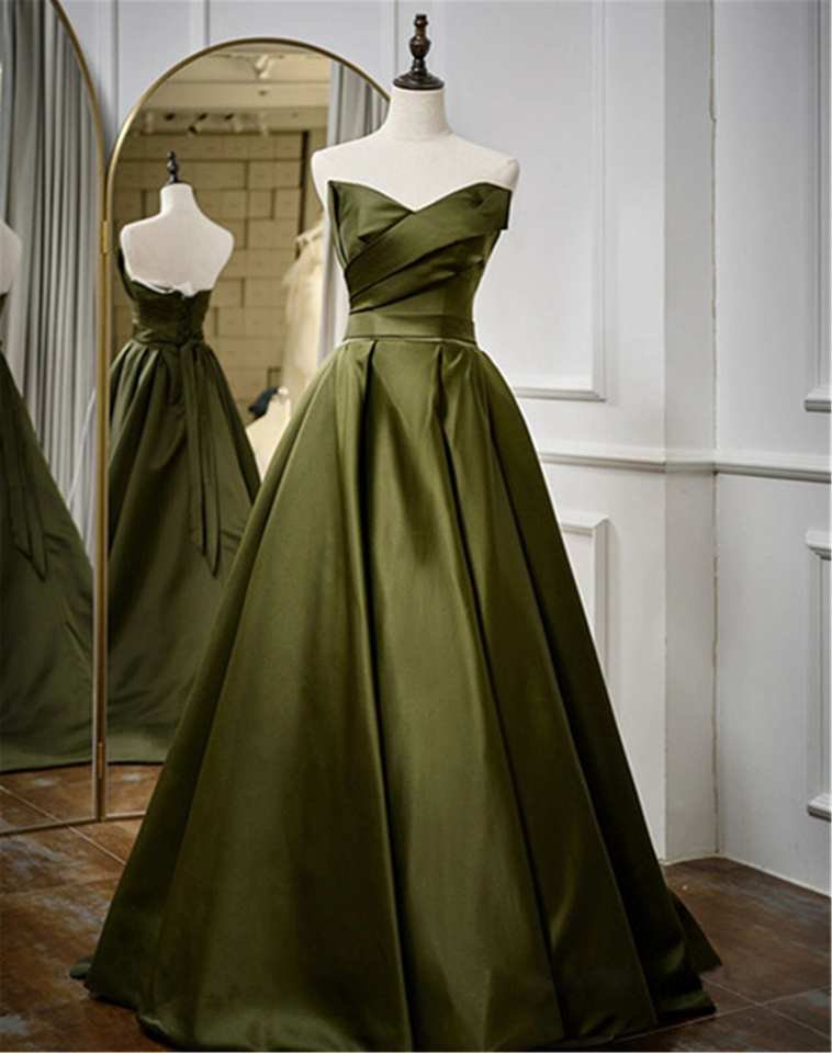 Vintage Green Satin Off-Shoulder Pleated Evening Gown