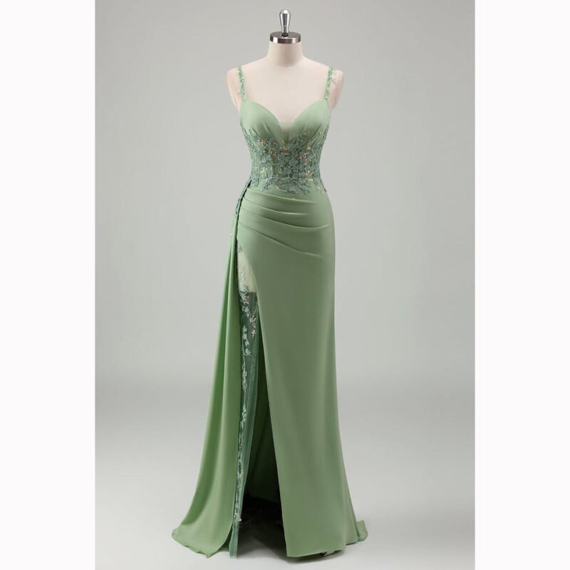 Light Green Spaghetti Straps Appliqued Evening Dress