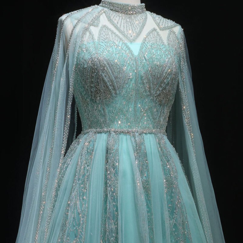 Luxury Aqua Blue Evening Dress with Cape Sleeves