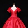 Glossy Red Satin Deep V-Neck Ball Gown
