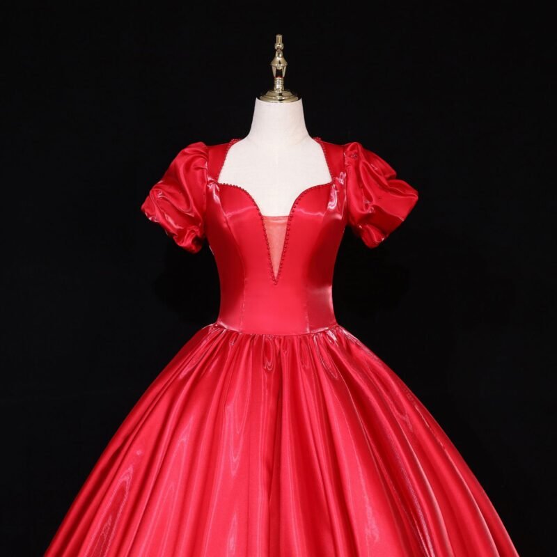 Glossy Red Satin Deep V-Neck Ball Gown