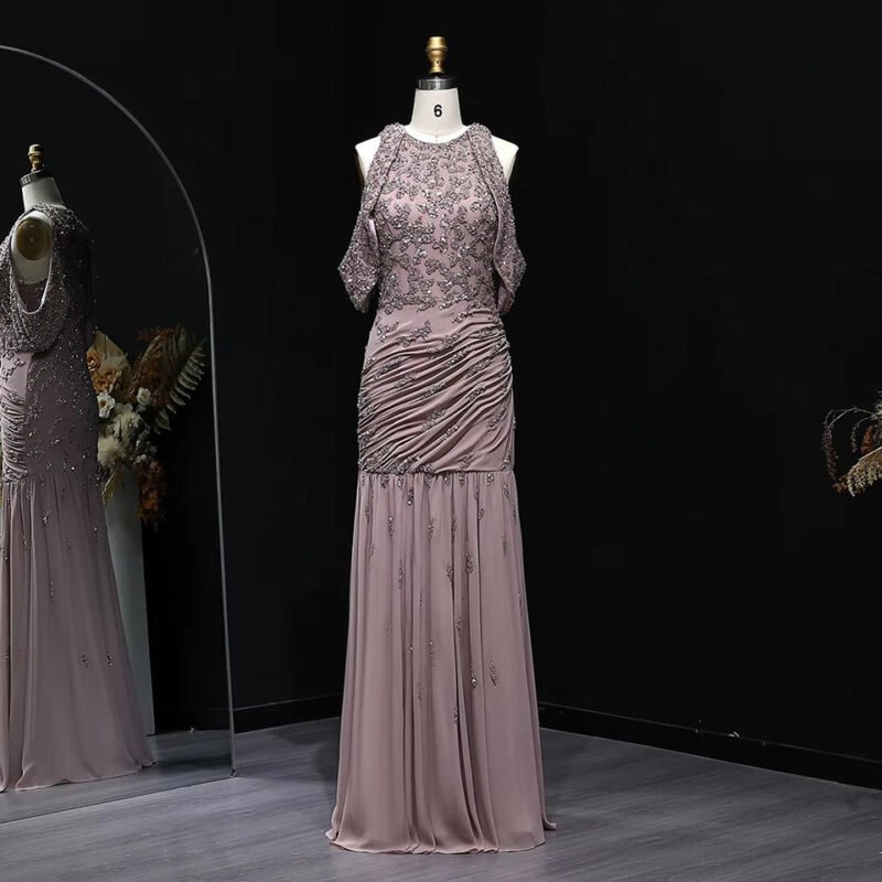 Elegant Off-Shoulder Brown Mermaid Mauve Evening Dress