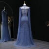Luxury Blue Beaded Evening Dress with High Neck