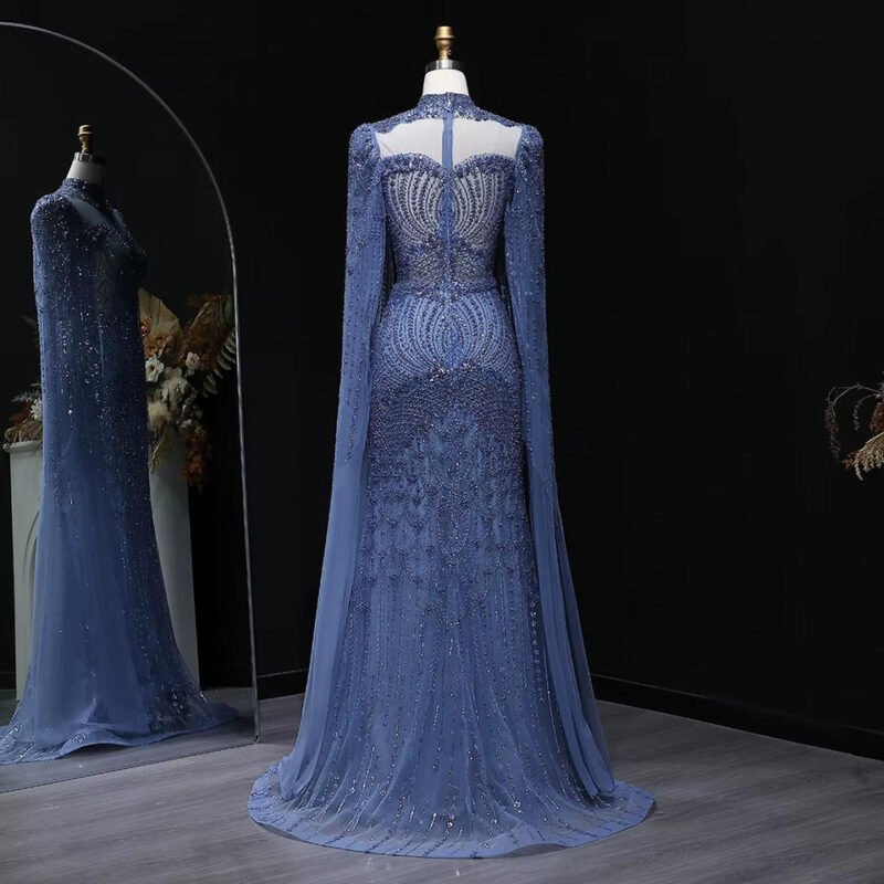 Luxury Blue Beaded Evening Dress with High Neck