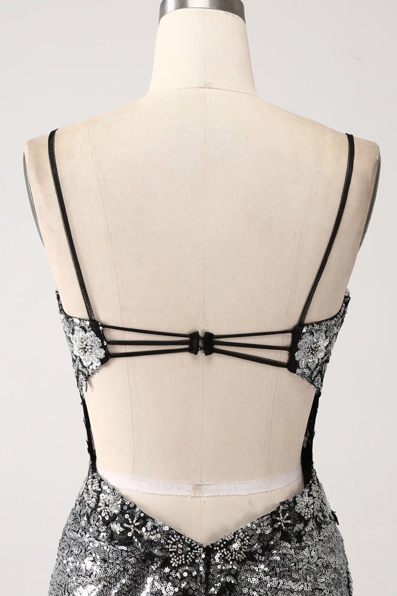 Silver Shiny Prom Dress – Deep V-Neck Spaghetti Strap Gown with High Slit