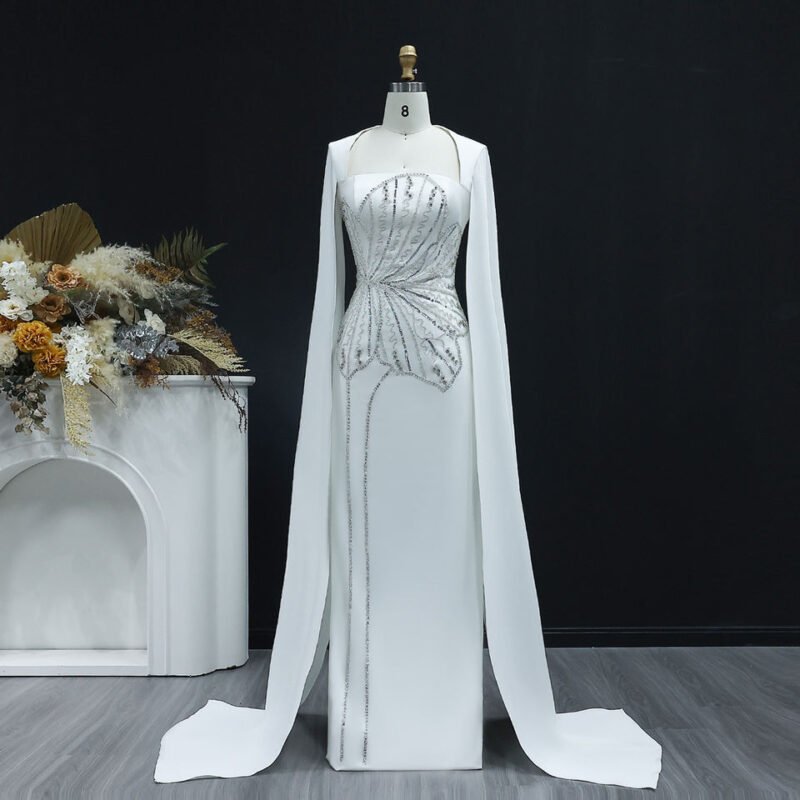 Elegant Luxury Beaded Evening Dress with Cape Sleeves