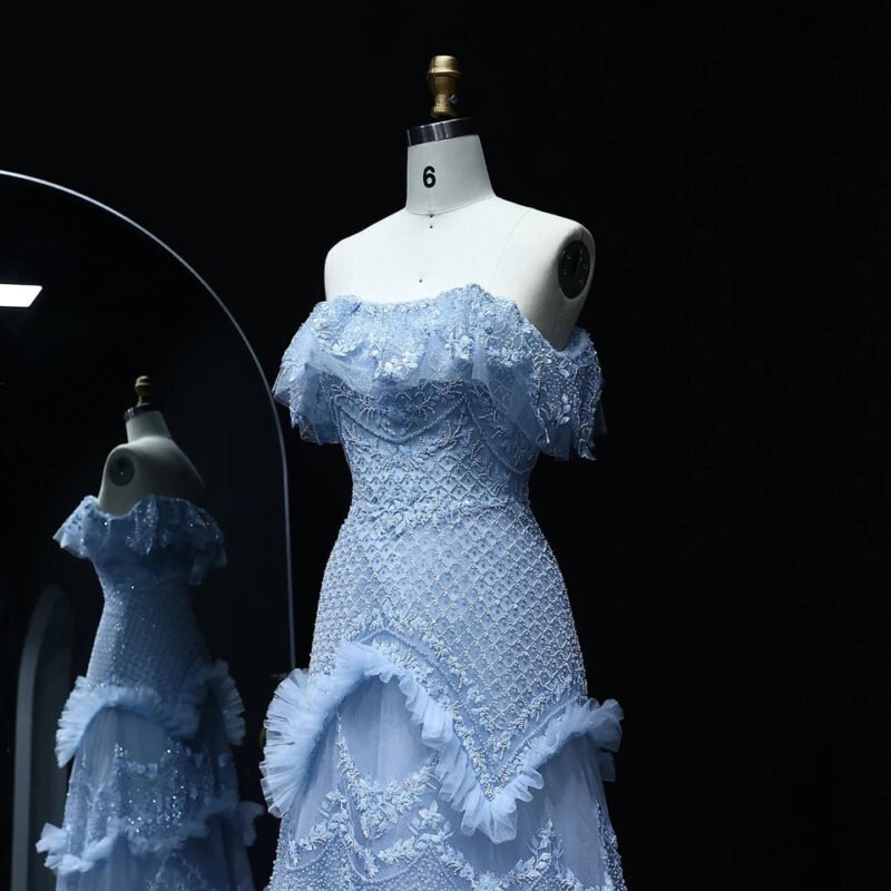 Luxury Off-the-Shoulder Sky Blue Evening Dress