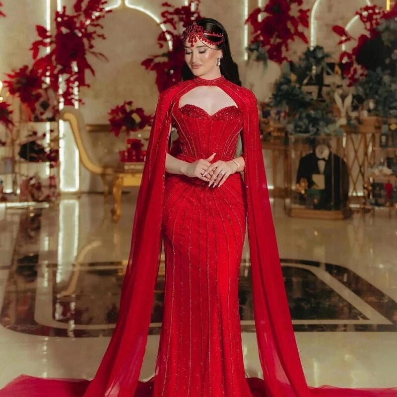 Luxury Crystal Grey Green Evening Dress With Cape Sleeves