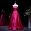 Elegant Fuchsia Satin Evening Dress with Feathers