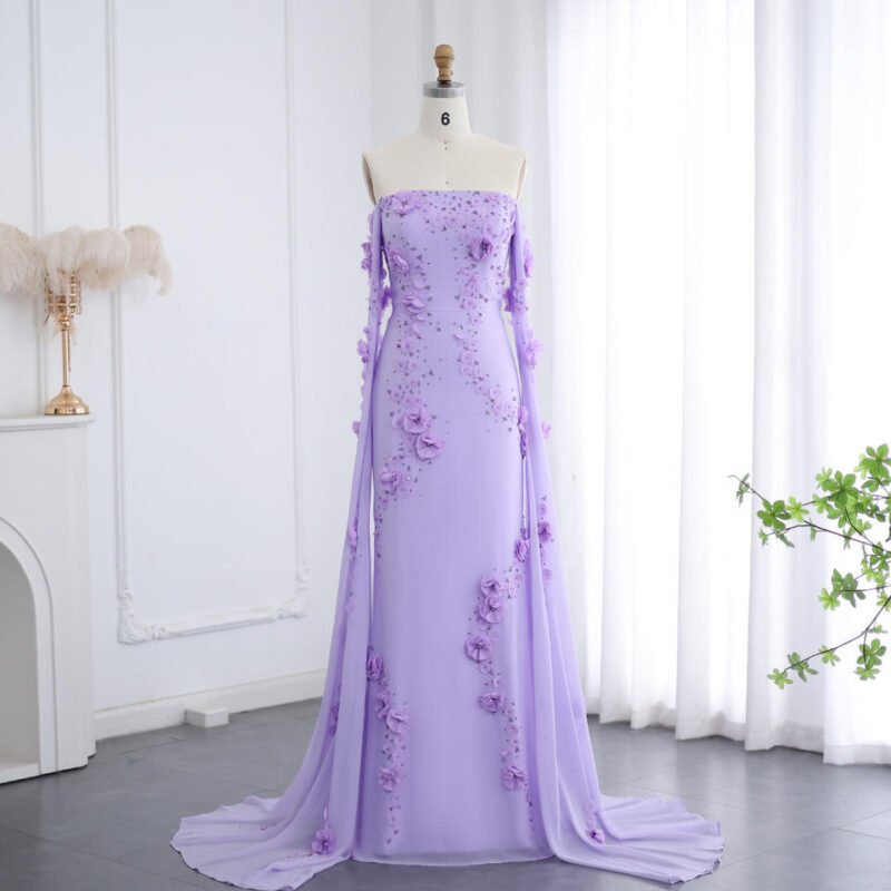 Elegant Off-Shoulder Lilac Evening Dress – 3D Flower Gown with Cape Sleeves
