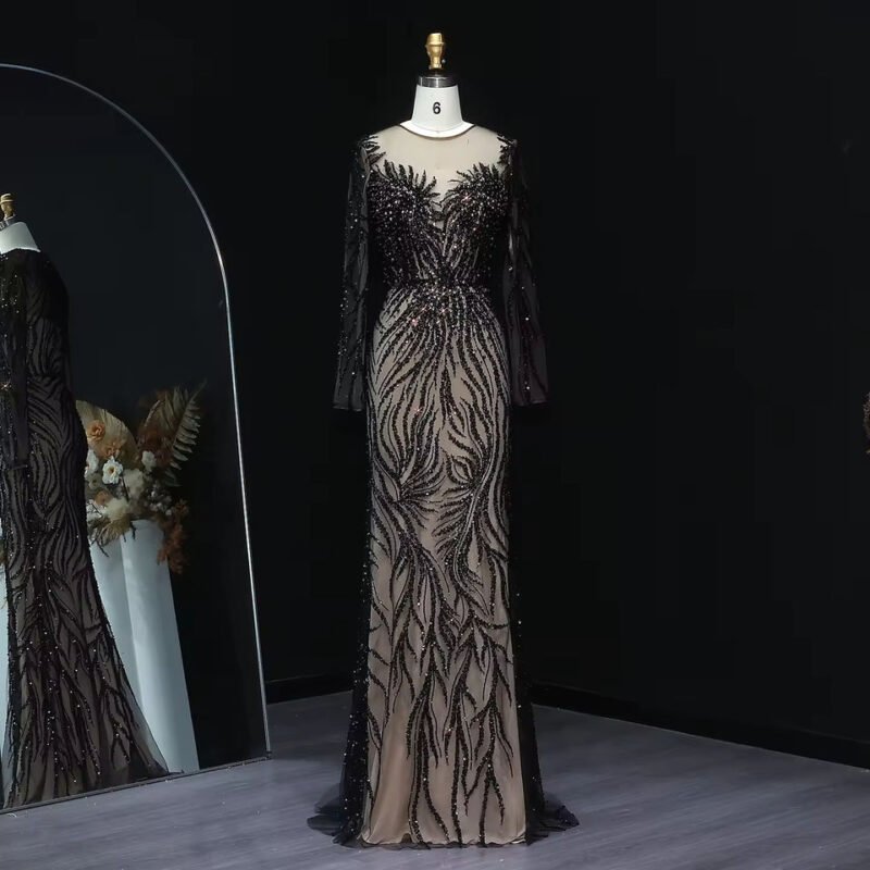 Blue Luxury Mermaid Long Sleeve Evening Dress