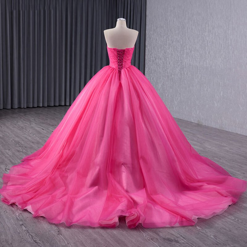 Rose Pink Sleeveless Ruffle Lace Ball Gown