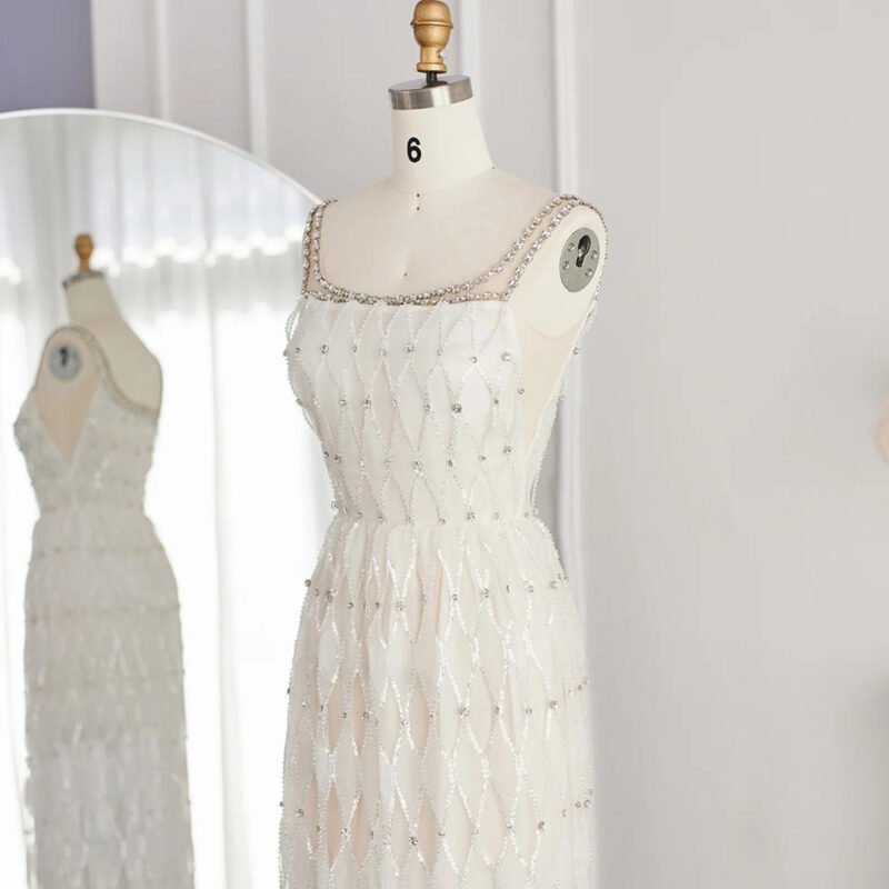 Elegant Midi Crystal White Evening Dress with Square Neckline