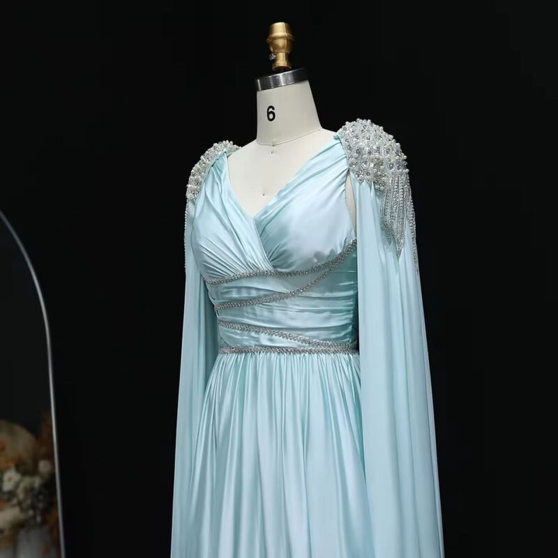 Luxury Crystal Blue Evening Dress With Cape Sleeves