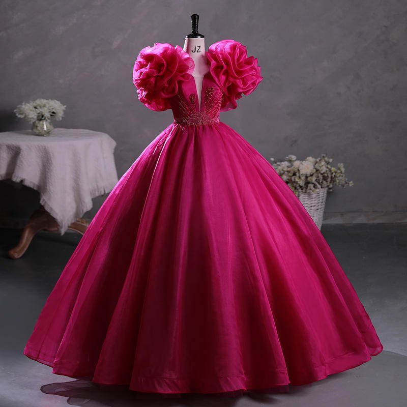 Elegant Bright Rose Red Puff Sleeves Ball Gown
