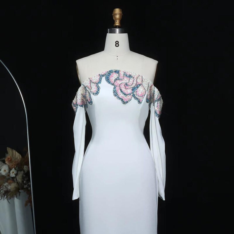 Elegant Long Off-the-Shoulder White Evening Dress with Floral Beading