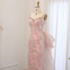 Elegant Long Pink Lace Spaghetti Strap Bow Dress