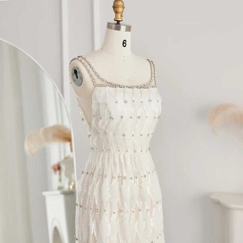 Elegant Midi Crystal White Evening Dress with Square Neckline