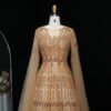 Luxury Dubai Beaded Brown Evening Dress with Cape Sleeves