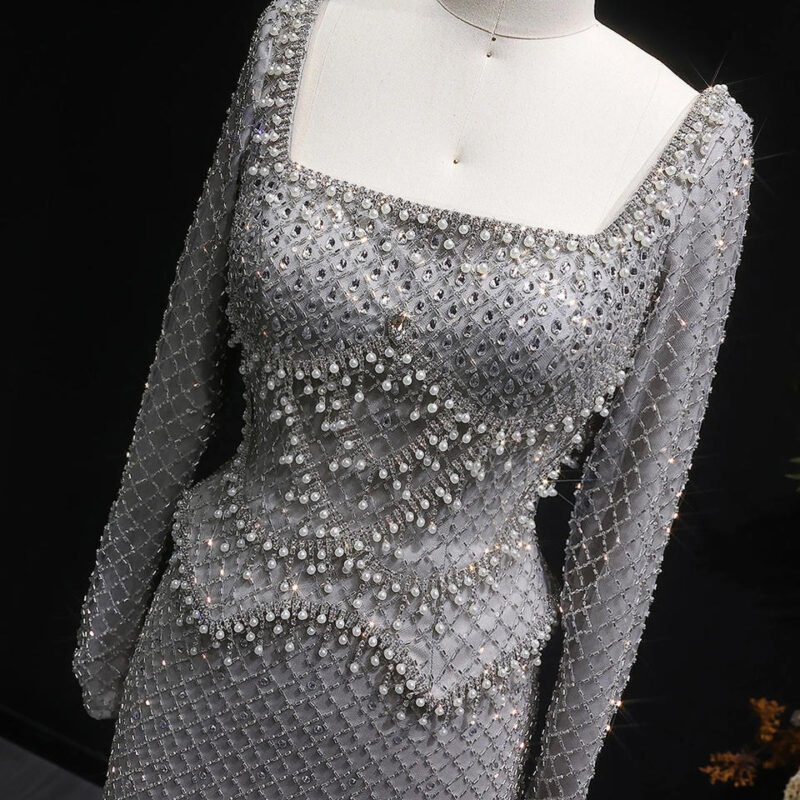 Luxury Grey Crystal Evening Dress With Long Sleeves