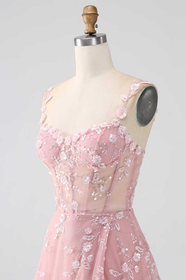 Blush Pink A-Line Sequin Corset Prom Dress with Slit – Spaghetti Straps