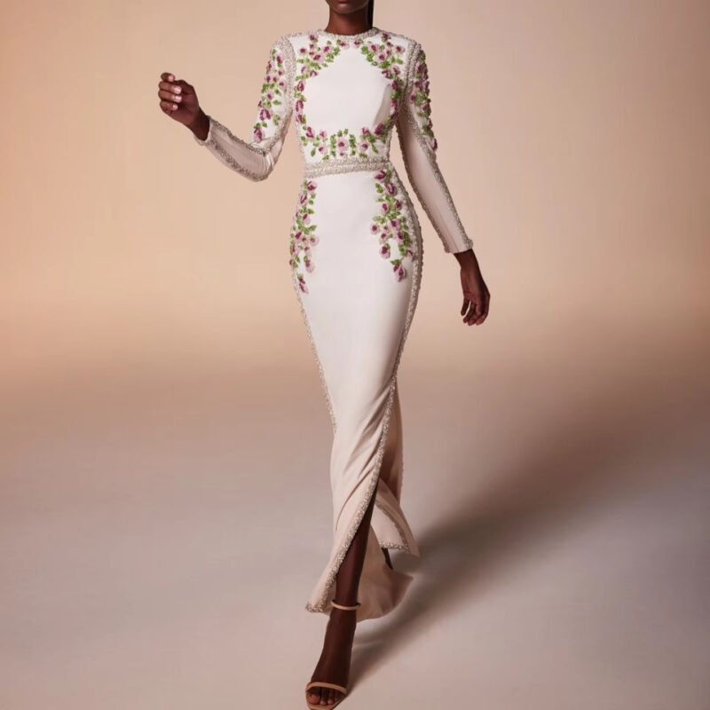 Elegant White Embroidered Floral Dubai Evening Dress