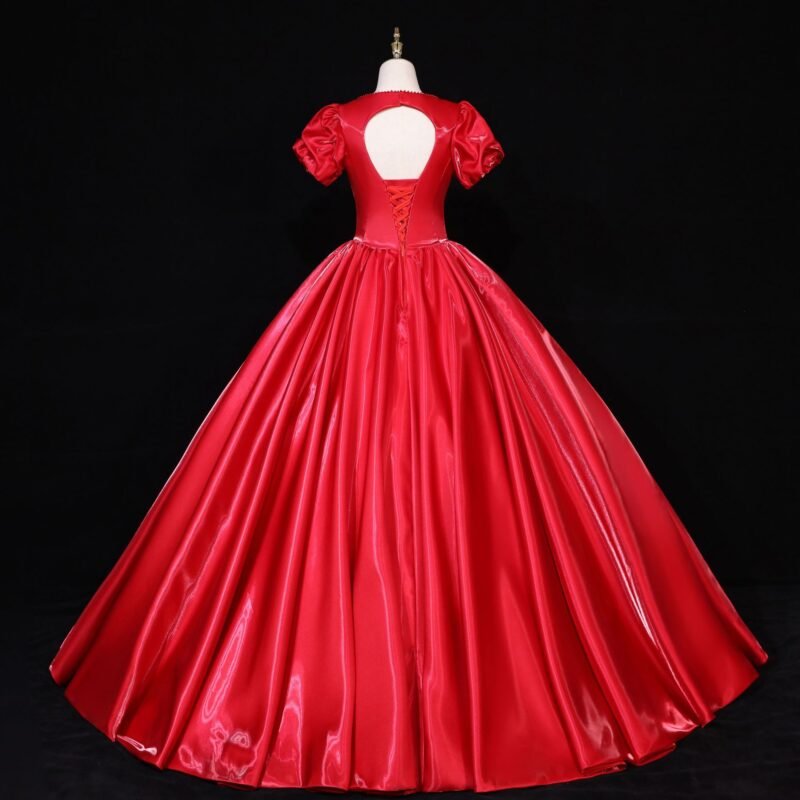 Glossy Red Satin Deep V-Neck Ball Gown