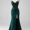 Sparkly Dark Green Sequin Mermaid Prom Dress – Corset Bodice with High Slit