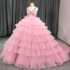 Pink V-Neck Puffy Ball Gown Dress